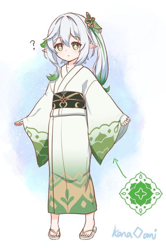 nahida (genshin impact) 1girl japanese clothes pointy ears green eyes solo kimono side ponytail  illustration images