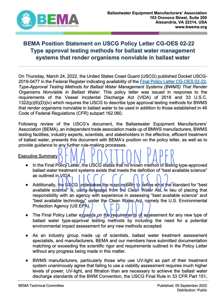 On Thursday, March 24, 2022, the United States Coast Guard (USCG) published Docket USCG2019-0477
We present BEMA’s position on the policy letter, as well as to  provide guidance to any further rule-making processes
#ballastwater #ballastgeeks #USCG 
ow.ly/cacR50KNGkw