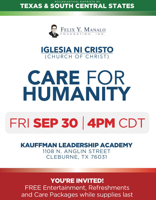 INCNewsNUpdates's tweet photo. The Iglesia Ni Cristo, through the (FYM) Foundation, will distribute (while supplies last) FREE food and school items to Cleburne residents in need and will also give donations to several non-profit organizations servicing the needs of the Cleburne area. https://t.co/BbqJ7IbL2e