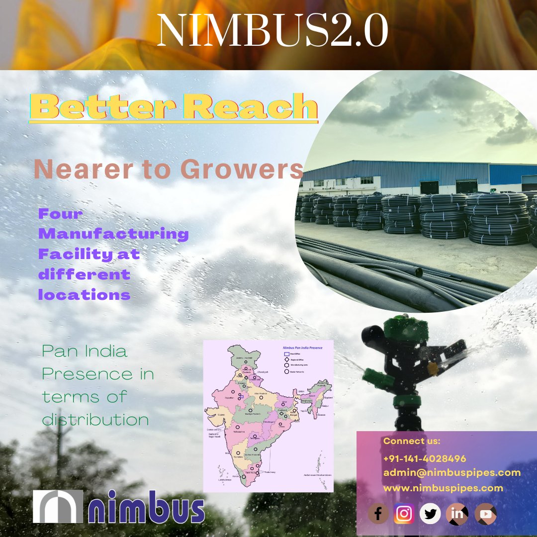 NimbusPipesLtd's tweet photo. NIMBUS2.0 - Better Reach in terms of manufacturing and distribution across country...
#Nimbus2.0 #DripIrrigation #Minisprinkler #nimbuspipeslimited #sprinklersystem #Raingunsystem #protectedcultivation #PDMC #Sustainability #sustainable #indianfarmers #Growers #pklath https://t.co/O2HTemxvH5