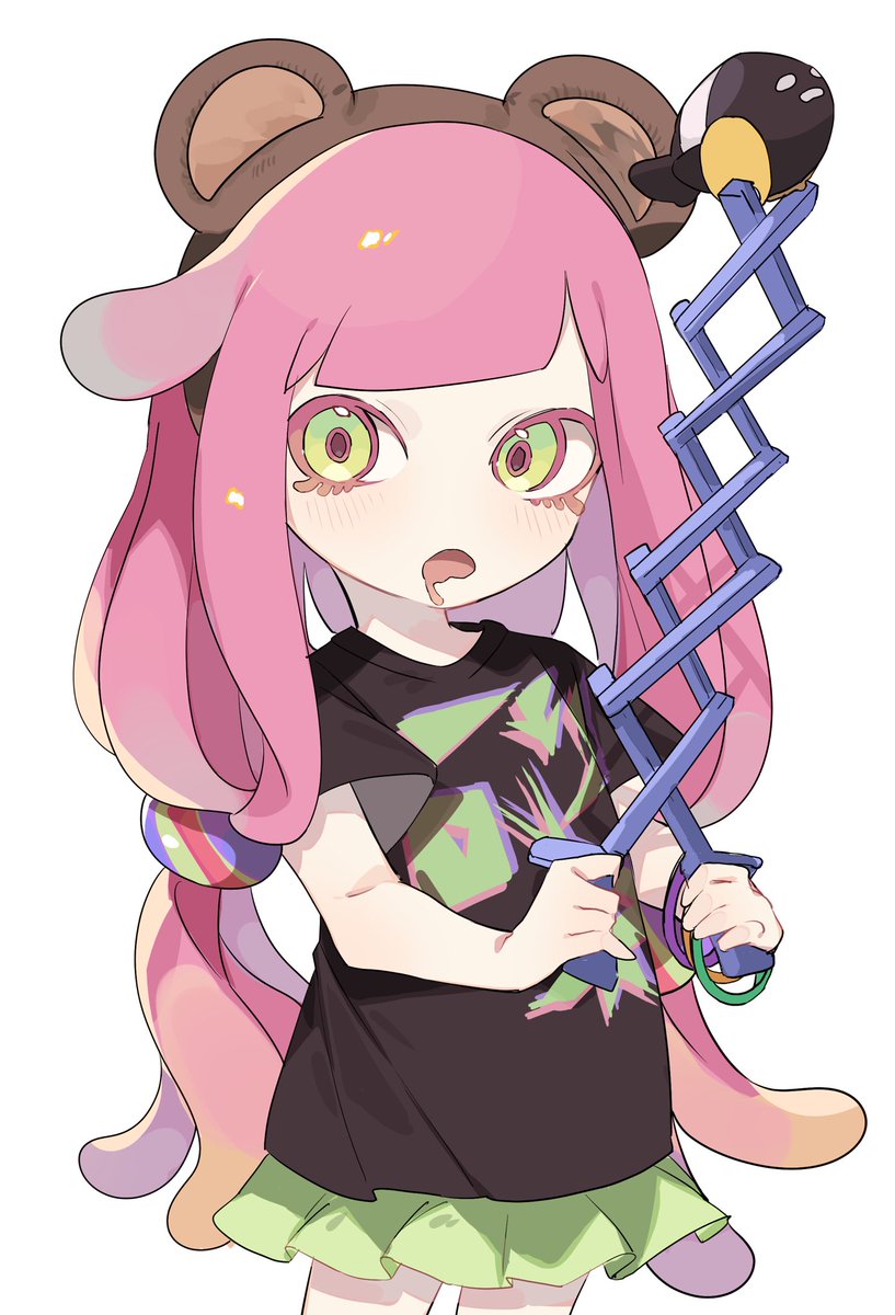 1girl drooling skirt pink hair green eyes long hair shirt  illustration images