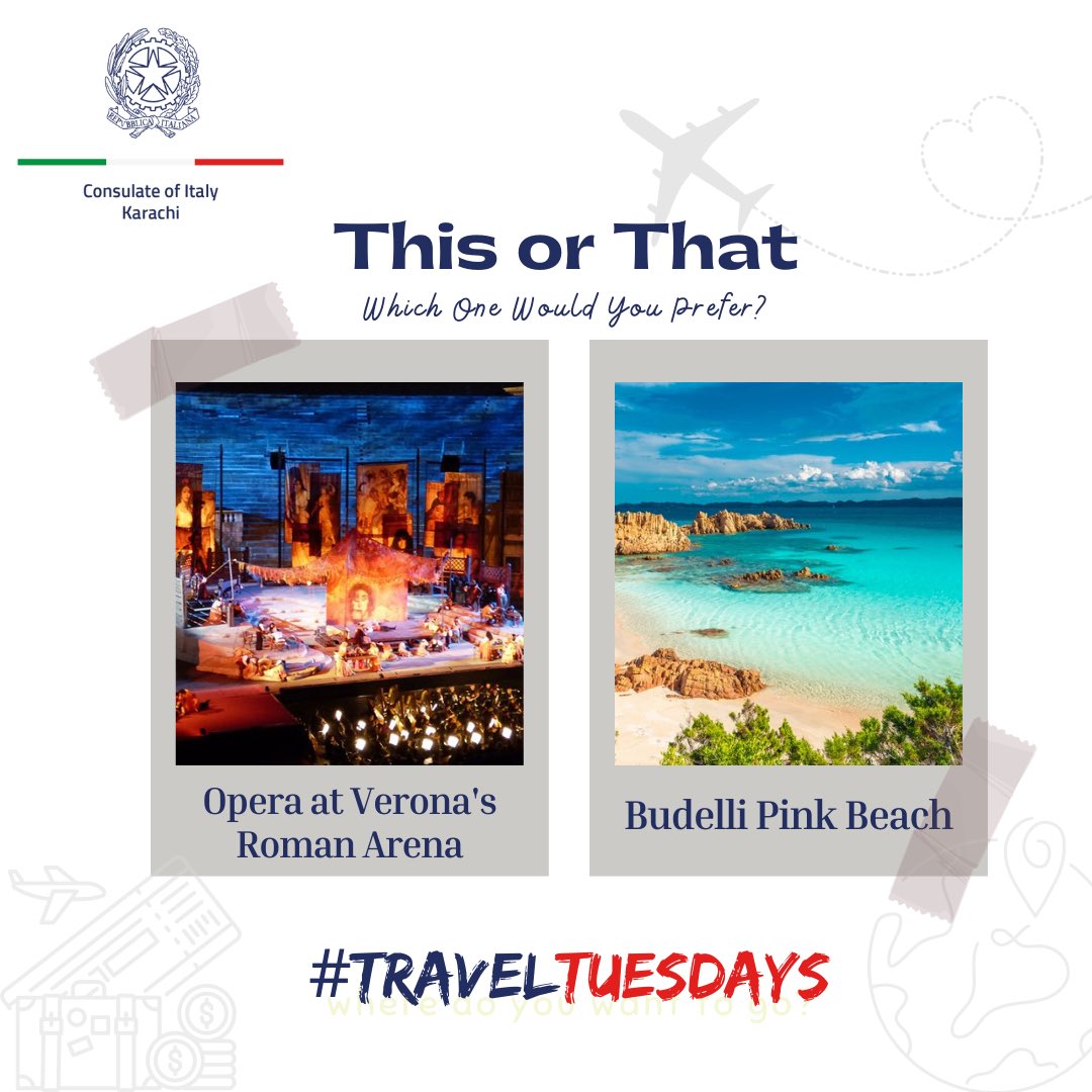 ItalyinKarachi's tweet photo. Let us know in the comments below which is your pick โฌ๏ธ Would you choose to see an opera in Verona's third-century Roman arena or visit the Budelli Pink Beach, famous for its pink hue?
#TravelTuesdays #ConsulateofItaly https://t.co/20XXckeXmU