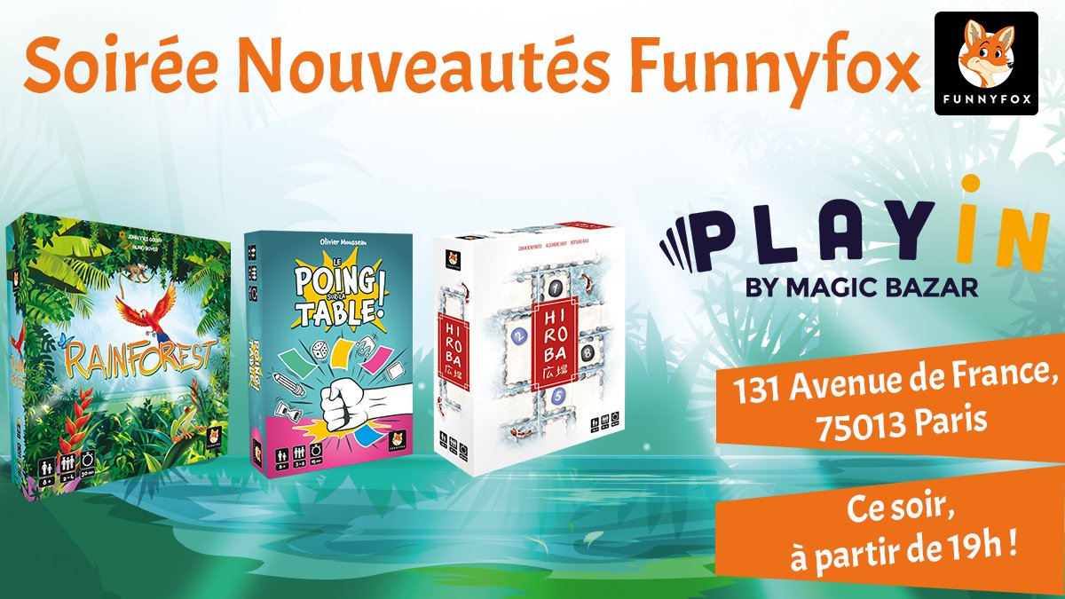 FunnyfoxGames's tweet photo. Les Renards 🦊 vous donnent rendez-vous ce soir pour jouer aux 3 nouveautés de la rentrée de #Funnyfox :  #Hiroba, #LePoingSurLaTable et #Rainforest !
À ce soir à partir de 19h au @Playin_by_MB (n'hésitez pas à réserver, les places sont limitées 😉) ! https://t.co/BUM8TD5WJu