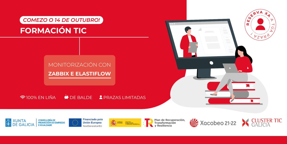 clusterticgal's tweet image. 🔎 Queres afondar na configuración e uso de #Zabbix e #Elastiflow? A enxeñeira Natalia Costas, responsable da #RECETGA e dos servizos #TIC do @CESGA_, impartirá este curso gratuíto, dirixido a administradores de sistemas ou redes.

Solicita a túa praza ▶ bit.ly/3BUif3e