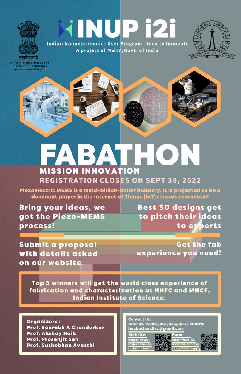 GoI_MeitY's tweet photo. #FABATHON Mission Innovation - Bring your ideas! We got the Piezo-MEMS, a multi-billion-dollar industry projected to be a dominant player in the #IoT sensors ecosystem. Scan the #QR codes to know more. #INUPi2i @iiscbangalore @GoI_MeitY @Electronics_GoI https://t.co/Vp6rUgqBSp