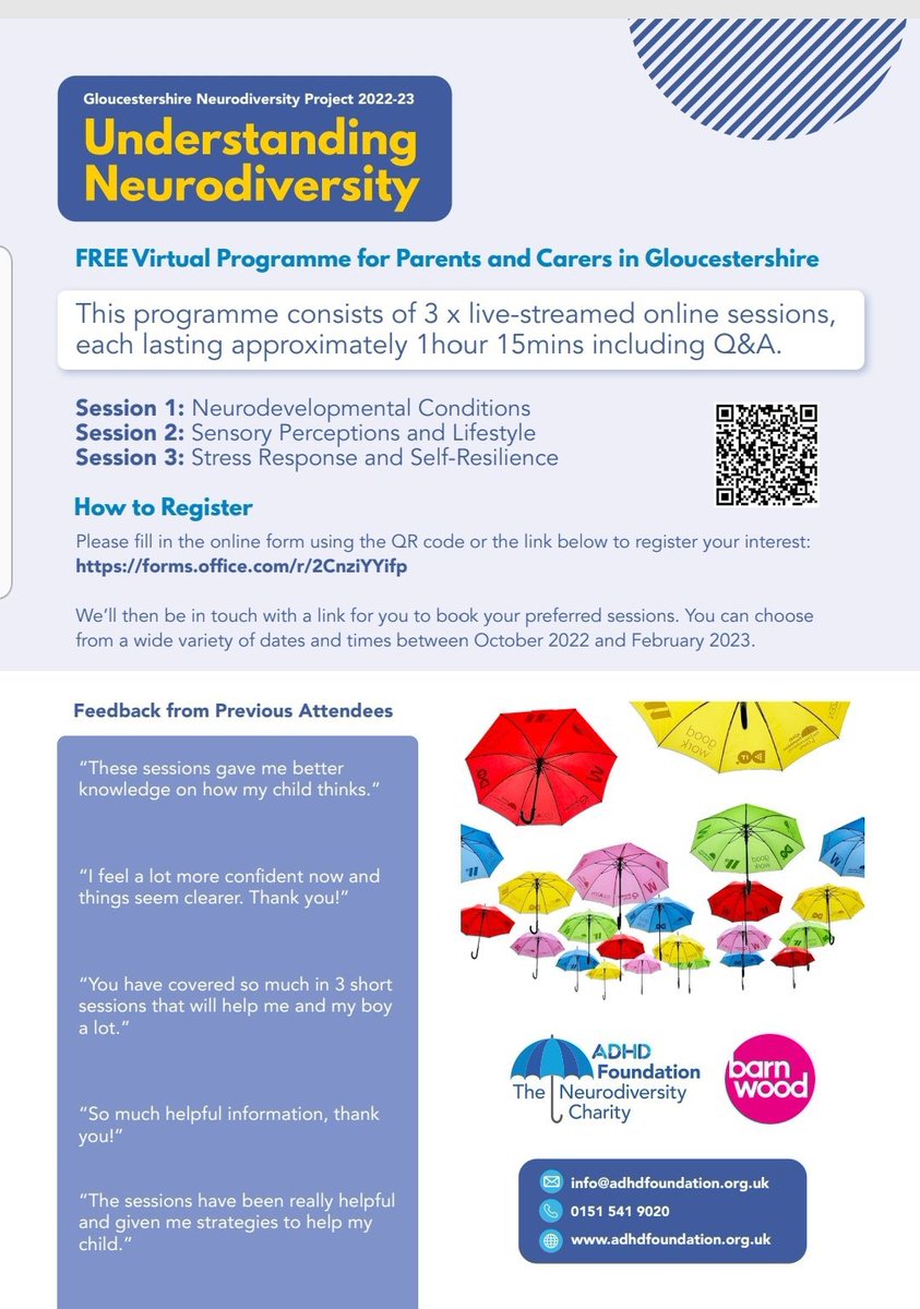 NeurodiversityT's tweet photo. If you're a parent/carer in Gloucestershire, access these upcoming FREE webinars on Neurodiversity☂️contact lisa.rudge@adhdfoundation.org.uk in Partnership with @BarnwoodTrust ☂️ @CheltenhamBC @GlosCC @sendiassglos @NHSGlos @RichardGrahamUK @Siobhan_Baillie @ThomasThrockmo8 https://t.co/c0gB2mT4d3