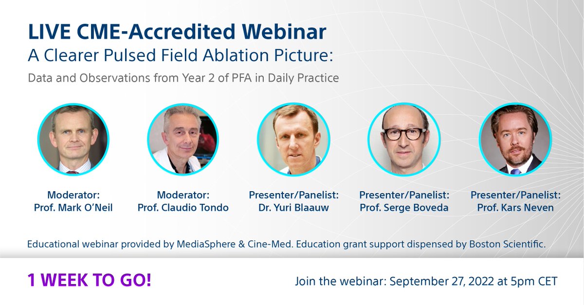 BSC_EU_Heart's tweet photo. In one week, Sep 27 @ 5pm CET, leading global experts in the PFA domain will review PFA biophysics and clinical data outcomes during an independent, third-party, CME accredited, educational webinar provided by MediaSphere and Cine-Med. 
Register here: https://t.co/6WsuVg0icA https://t.co/QBS30wXSqe