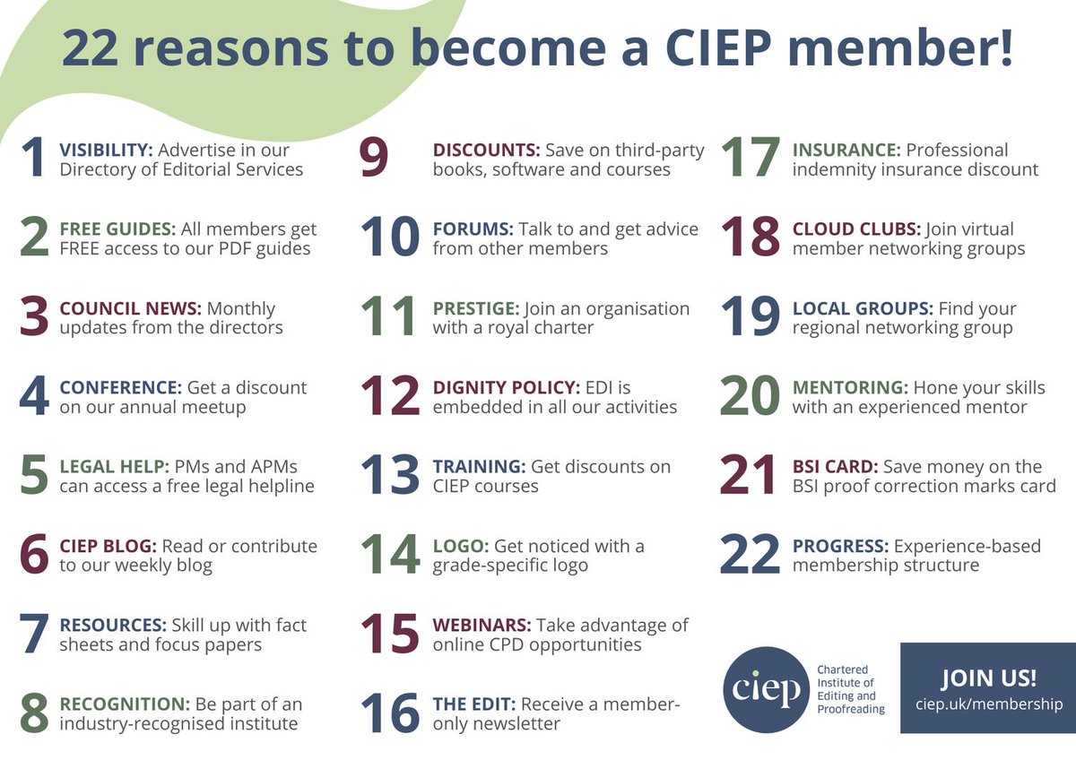 The_CIEP's tweet photo. Here are 22 reasons why you might decide to join the Chartered Institute of Editing and Proofreading! Download this handy infographic from our website. 👉 https://t.co/0sgxXNjEEQ https://t.co/TN90EUQjbL
