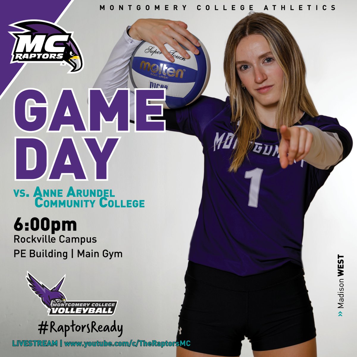 GAME DAY 🏐 #MC_Raptors women’s volleyball will host Anne Arundel Community College in the Main Gym of the PE building! Game time is set for 6pm! Watch live from anywhere via our YouTube Page! #GoRaptors #RaptorsReady

⏰: 6:00 PM
📍: Rockville, MD
📺:  youtu.be/eiqk9cF9SdI