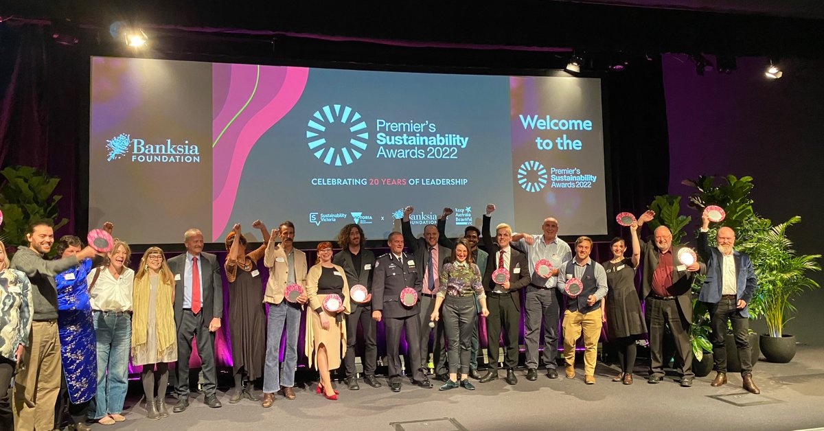 SustainVic's tweet photo. Congratulations to all winners announced at tonight’s Premier’s Sustainability Awards ceremony 👏🏻 

41 finalists were in the running, with ‘Community Champion’ and ‘Industry Leader’ winners awarded across 6 categories 🏆

See all the #PSAwards22 winners: https://t.co/O3ioLInhEX https://t.co/eyRzTV6zRg