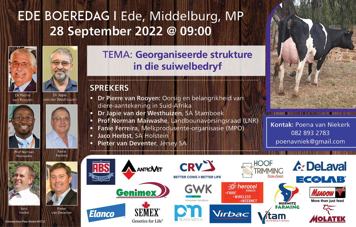 Veeplaas1's tweet photo. #EdeHolsteins bied hul vierde #boeredag en #produksieveiling op 28 September om 09:00 in Middelburg aan. Die boeredag-program sal fokus op georganiseerde strukture in die suiwelbedryf, gevolg deur Ede se produksieveiling. Kontak Poena van Niekerk by 082 893 2783. 
#EdeFarming https://t.co/5d4tPPV0La