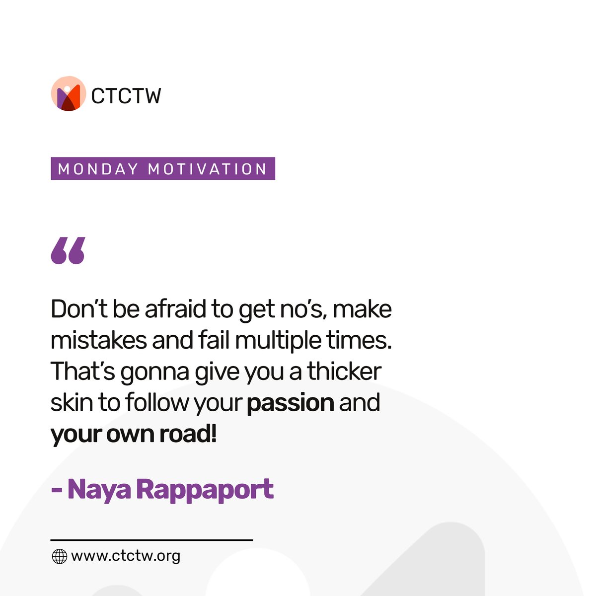 ctctworg's tweet photo. “Don’t be afraid to get no’s, make mistakes and fail multiple times. That’s gonna give you a thicker skin to follow your passion and your own road!”
— Naya Rappaport

#mondaymotivation #followyourpassion #followyourownroad https://t.co/diq1ub9uAm