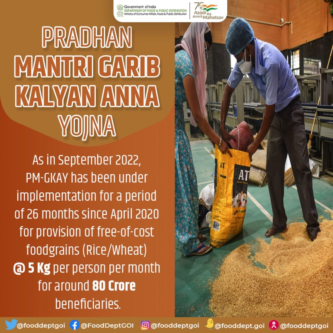 PMGKAY યોજના લગભગ 80 કરોડ લાભાર્થીઓ માટે દર મહિને વ્યક્તિ દીઠ 5 કિલોના દરે વિનામૂલ્યે અનાજ (ચોખા/ઘઉં) ની જોગવાઈ માટે એપ્રિલ 2020 થી સપ્ટેમ્બર 2022 આજ રોજ સુધી લગભગ 26 મહિનાના સમયગાળા થી કાર્યરત છે. <a href="/FCI_Gujarat/">FCI Gujarat</a>