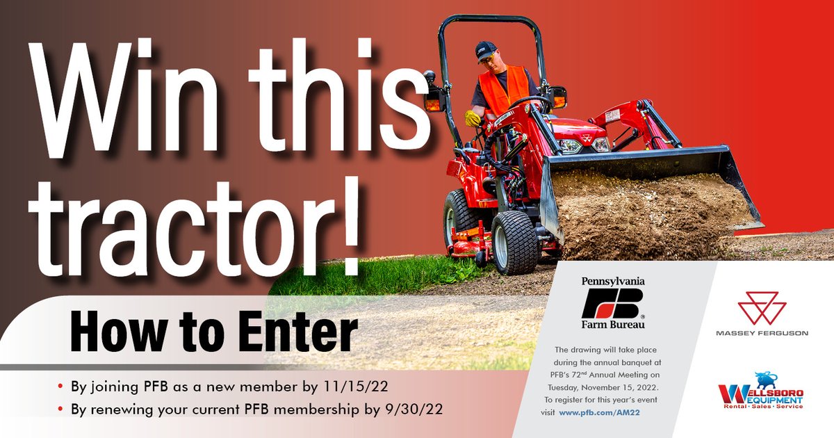 PAFarmBureau's tweet image. Need a new tractor? Renew your current membership by Sept. 30 or sign up as a new member by Nov. 15 to be entered to win this Massey Ferguson tractor. The drawing will take place during the annual banquet on Tuesday, Nov. 15, at PFB&apos;s 72nd annual meeting.