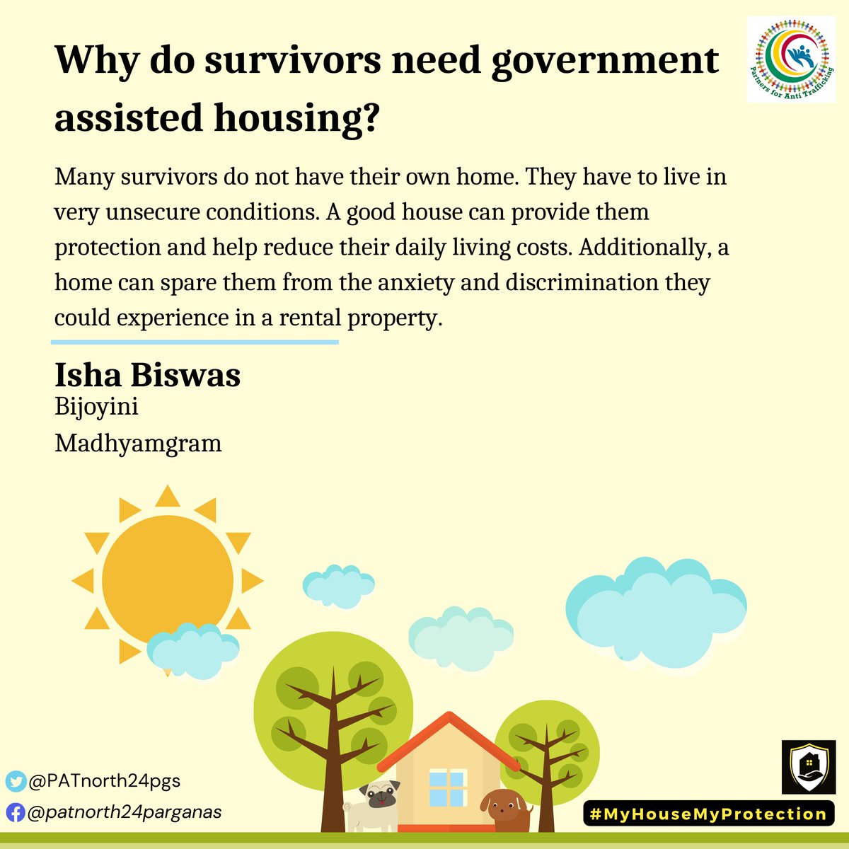 PATnorth24pgs's tweet photo. #MyHouseMyProtection  
Survivors of human trafficking who have been affected by natural disasters have been appealing for government-assisted housing.
When asked  why she thinks survivors need government assisted housing, Bijoyini leader Isha Biswas shared her opinion.
#home https://t.co/gudK2k4oIS