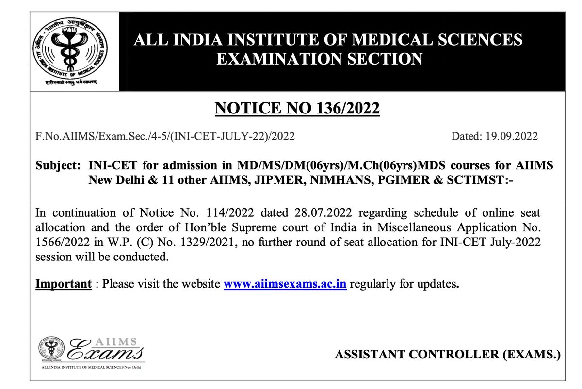 formityindia's tweet photo. #INICET : no further round of seat allocation for INI-CET July-2022 session #NEETPG2022 https://t.co/Cox5T396c0