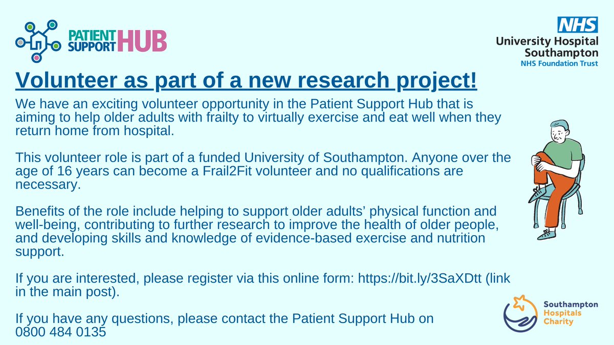 UHS Patient and Family Support Hub (@uhs_supporthub) on Twitter photo We have a very exciting new position opening for our Frail2Fit #Volunteer position, in association with <a href="/unisouthampton/">University of Southampton</a>!
Come join our volunteer team at <a href="/UHSFT/">University Hospital Southampton π</a> <a href="/SotonChildHosp/">Southampton Children's Hospital</a>, get involved and help to make a change.
Apply here: bit.ly/3SaXDtt
<a href="/UHS_Jobs/">University Hospital Southampton Jobs</a> <a href="/WecareUHSFT/">Experience of Care at UHSFT</a> We have a very exciting new position opening for our Frail2Fit #Volunteer position, in association with <a href="/unisouthampton/">University of Southampton</a>!
Come join our volunteer team at <a href="/UHSFT/">University Hospital Southampton π</a> <a href="/SotonChildHosp/">Southampton Children's Hospital</a>, get involved and help to make a change.
Apply here: bit.ly/3SaXDtt
<a href="/UHS_Jobs/">University Hospital Southampton Jobs</a> <a href="/WecareUHSFT/">Experience of Care at UHSFT</a>