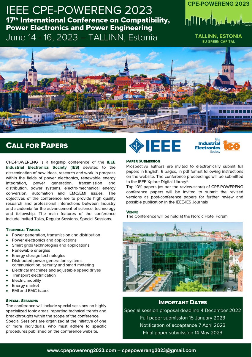 CPE_PowerEng_23's tweet photo. We are happy to share the first Call for papers for the IEEE CPE-POWERENG 2023 conference that will be held on June 14-16, 2023, in Tallinn, Estonia. https://t.co/d3wQwwiSFU