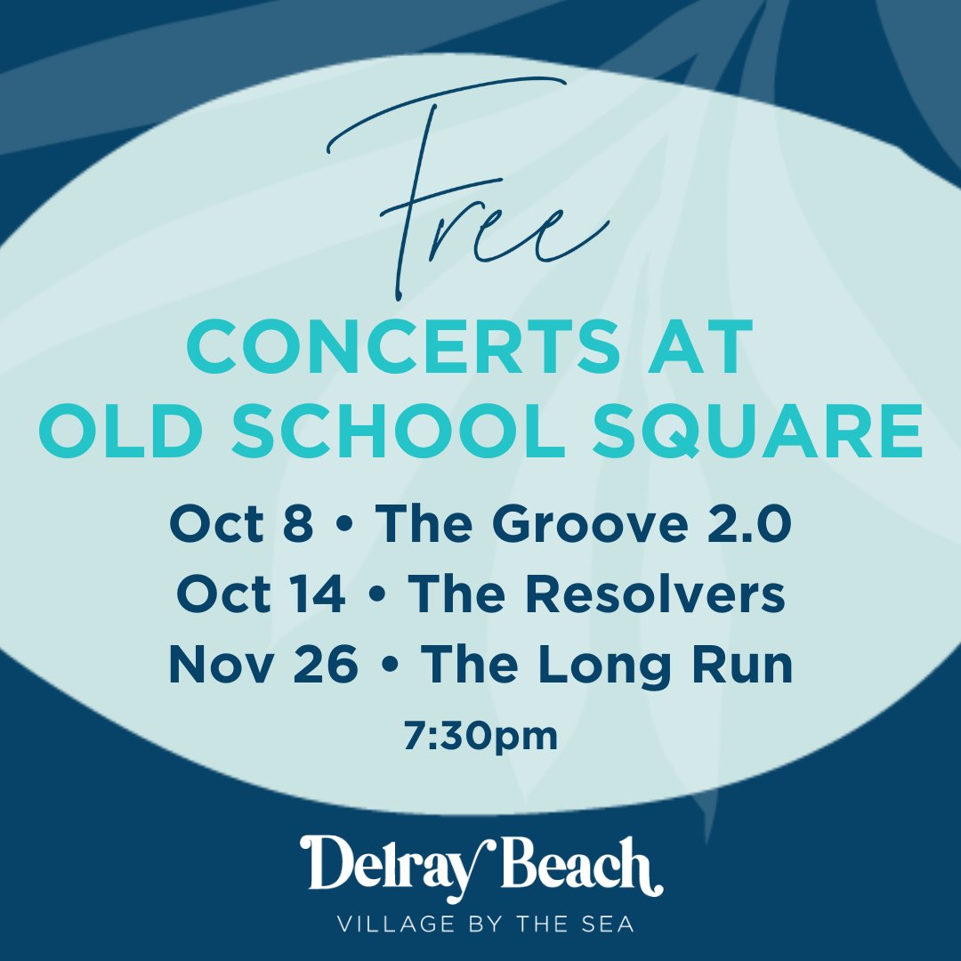 The FREE CONCERTS are BACK at #OldSchoolSquare! 
Save the dates, bring your lawn chairs and enjoy a night of live music under the stars in #DowntownDelray. Music starts at 7:30pm.