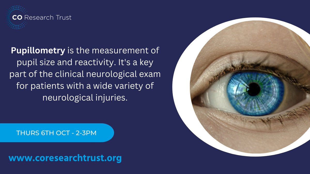 COResearchTrust's tweet photo. Could this be the new reliable biomarker for the diagnosis of #COexposure that is so desperately needed?
Sign up here for an in-depth update on the project which is investigating whether #Pupillometry could be the solution ➡️ https://t.co/eDitT265W5
Thurs 6th Oct - 2-3pm GMT https://t.co/QWzKo7jtTn