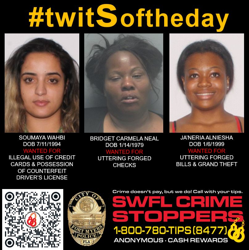 SWFLCrime8477's tweet photo. Wednesday's #twitSoftheday are wanted on charges of Fraud & Forgery. If you know their whereabouts, call 1-800-780-TIPS or you can submit a tip on our website at https://t.co/zp4fGKE678. Tips through SWFL Crime Stoppers are anonymous & eligible for a cash reward. @fortmyerspolice https://t.co/q4cZ6A0FOk