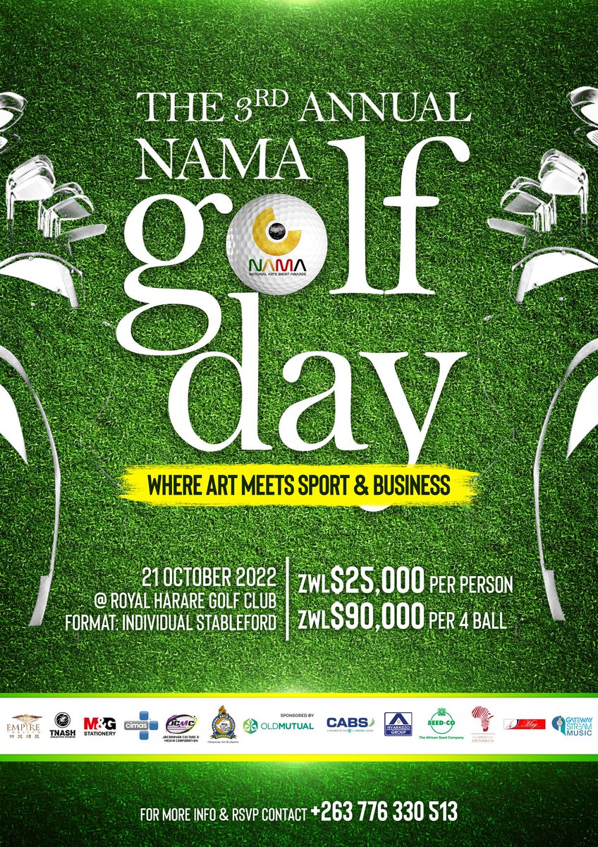 It’s that time of the year where art meets sport and business!
The 3rd Annual #NamaGolfDay will be on October 21, 2022 <a href="/RoyalHarareGolf/">Royal Harare Golf Club</a> Club

Who will be the champion this year? 

#NAMA21 #NamaGolfDay #Art #Golf #Business #Zimbabwe <a href="/CabsZimbabwe/">CABS ZIMBABWE</a> <a href="/OldMutualZW/">Old Mutual Zimbabwe</a> @Nyaradzo_Groupj
