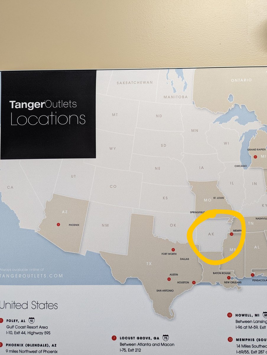 designitplease's tweet photo. @TangerOutlets Arkansas is AR and Alaska is AK.... https://t.co/3r1IQdHTfw