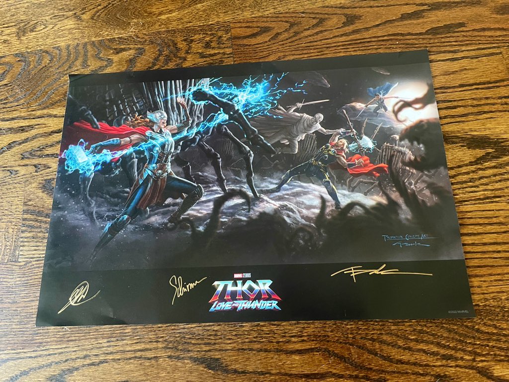 Giveaway for 300,000 🖤 RT for one chance to win this Thor: Love and Thunder concept are signed by the artists from D23! Winner will be a follower who retweets this tweet, selected in 24 hours!