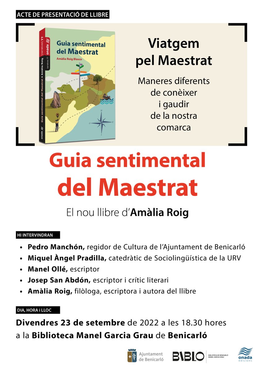 Aquest divendres 23 de setembre, una nova cita per conèixer la "Guia sentimental del Maestrat" de <a href="/aroigblasco/">Amàlia Roig</a>. En aquesta ocasió a Benicarló, a la Biblioteca Manel Garcia Grau, a partir de les 18.30 hores.
Us hi esperem!