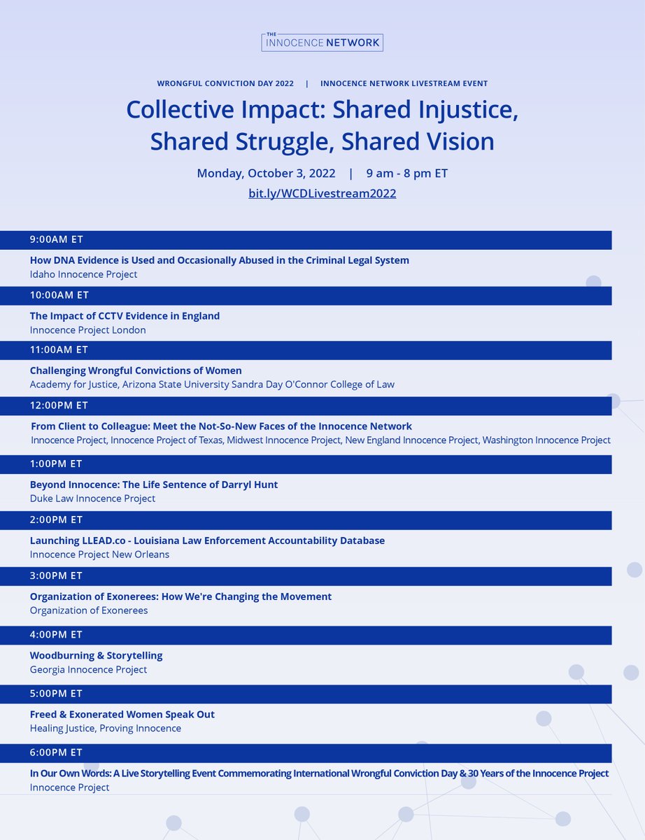 The Innocence Network is hosting a full-day of free virtual programming featuring experts, advocates, &amp; directly impacted people in recognition of the 9th Annual International #WrongfulConvictionDay. Join us Monday, October 3rd, 9am-8pm ET! Register at bit.ly/WCDLivestream2…
