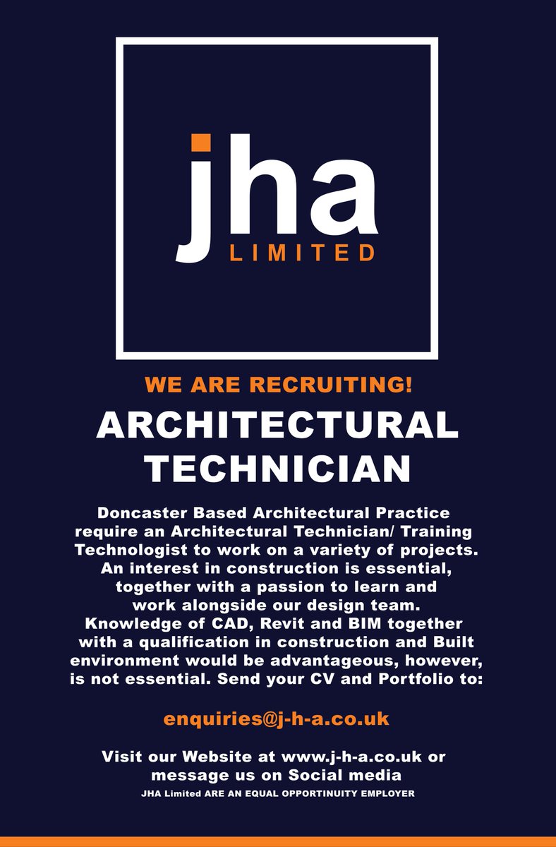 JHA Ltd are recruiting! We're looking for a trainee Architectural Technologist to join our team. You can find out more including how to apply on our website: j-h-a.co.uk/practice/vacan… or send us an email at enquiries@j-h-a.co.uk #JHA #recruiting #architecture #hiring #doncaster