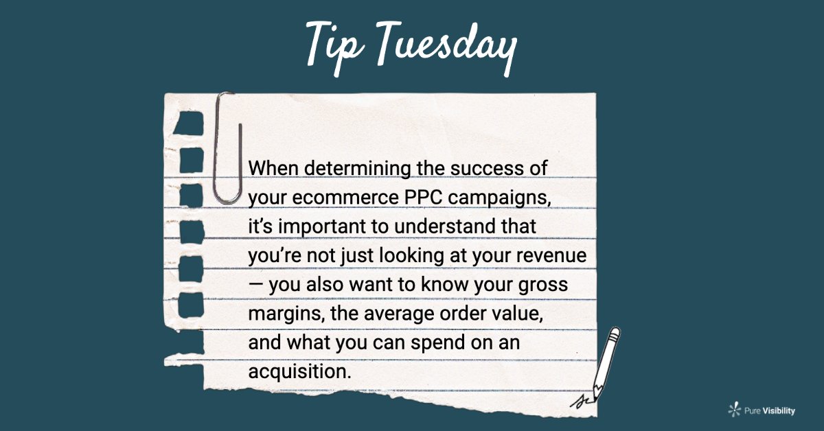 PureVisibility's tweet photo. What to consider when determining the success of an e-commerce PPC campaign?  #TipTuesday #PPC #ecommerce #ROI https://t.co/KxSgsUsXXE