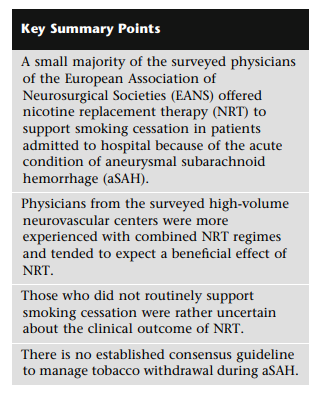 #neurosurgeryauthor: <a href="/anneaudefer/">Christian Eisenring</a>.
Many #EANS physicians would offer #nicotine replacement therapy in patients with acute aneurysmal subarachnoid hemorrhage who smoke. 
Read here: link.springer.com/article/10.100…

#SAH