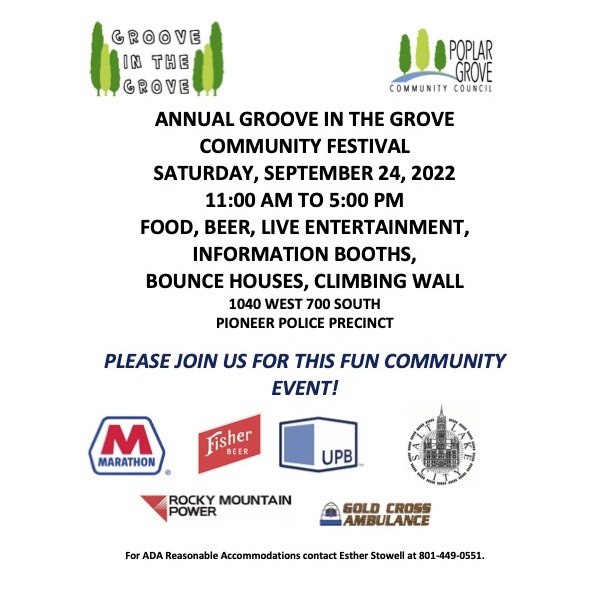 PoplarGroveCC's tweet photo. Groove in the Grove is almost here! Come see us on Saturday, September 24th from 11am--5pm at 1040 W 700 S.  (Agenda and performance schedule forthcoming) - https://t.co/13atE6NlJm https://t.co/XGSAIXB5OQ