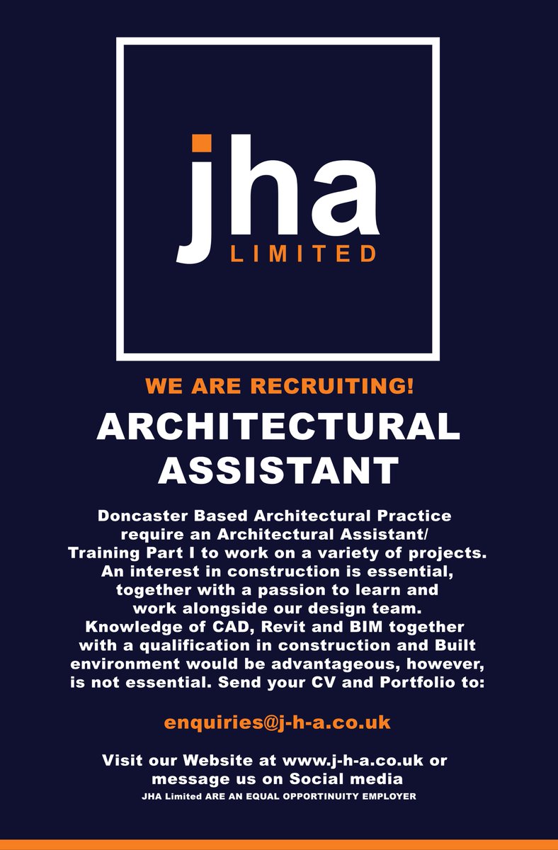 JHA Ltd are recruiting! We're looking for an Architectural Assistant to join our team. You can find out more including how to apply on our website: j-h-a.co.uk/practice/vacan… or send us an email at enquiries@j-h-a.co.uk #JHA #recruiting #architecture #hiring #doncaster