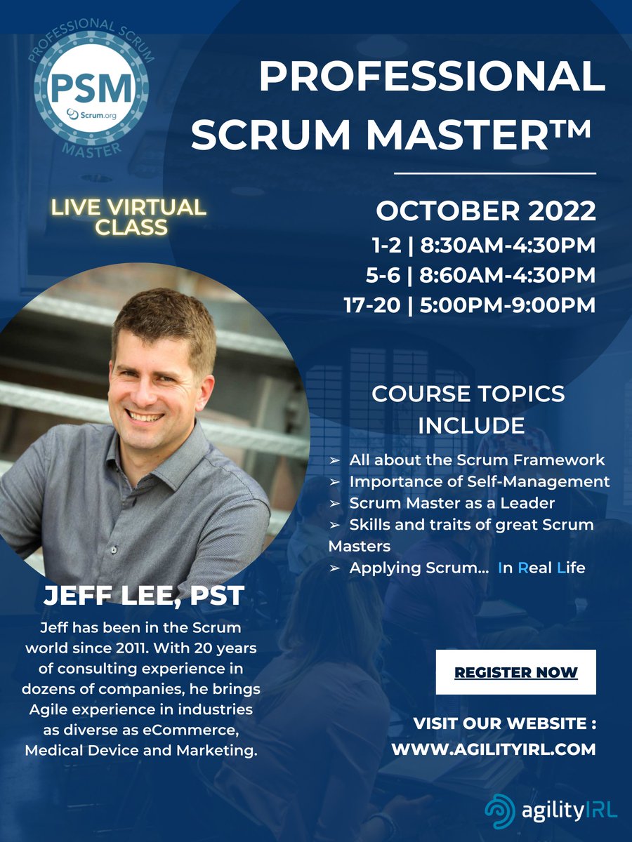 AgilityIrl's tweet photo. October is quickly approaching and is the perfect time for you to step up your #ProfessionalScrumMaster game with #online #training by Jeff Lee. If your days are a bit busy, check out these weekend and evening options!
🔒 Secure your spot now: https://t.co/Yg22TaNdKa https://t.co/FX9g6m1zj8