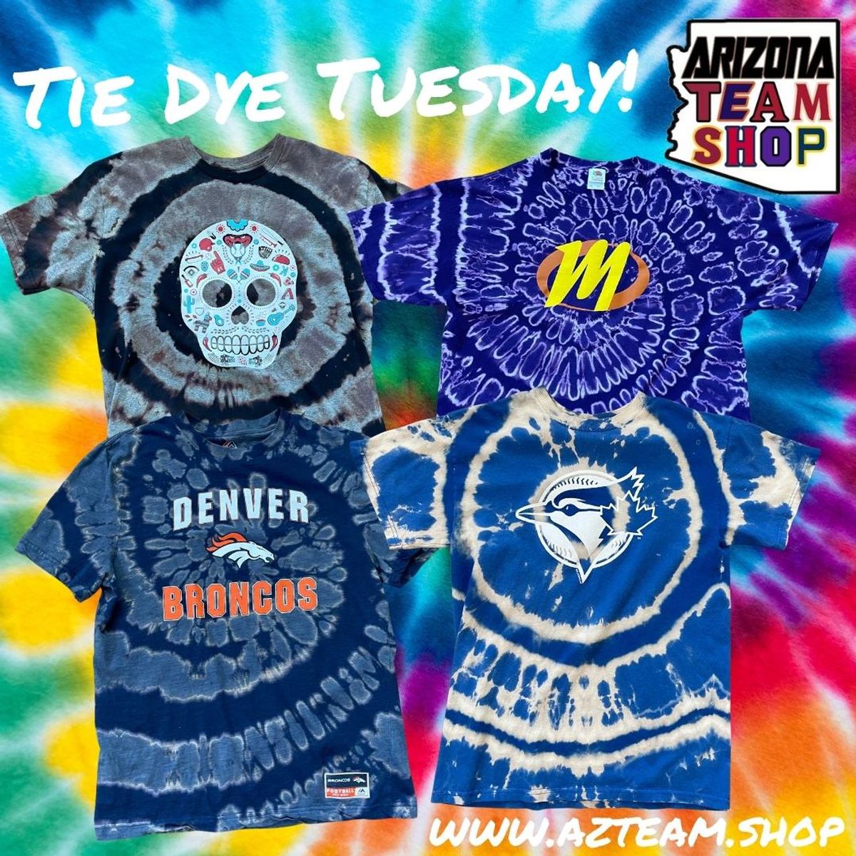 AZTeamShop's tweet photo. ☮️TIE DYE TUESDAY☮️

We've got the tie dye's you can't find in stores!

Get your one of a kind NOW: https://t.co/lUcKctTms7

#tiedye #acidwash #mlb #nba #nhl #nfl #ncaa #mls #baseball #football #soccer #basketball #hockey #unique #oneofakind #tiedyetshirt #tshirt #tiedyeshirt https://t.co/mgxBU0QUA1