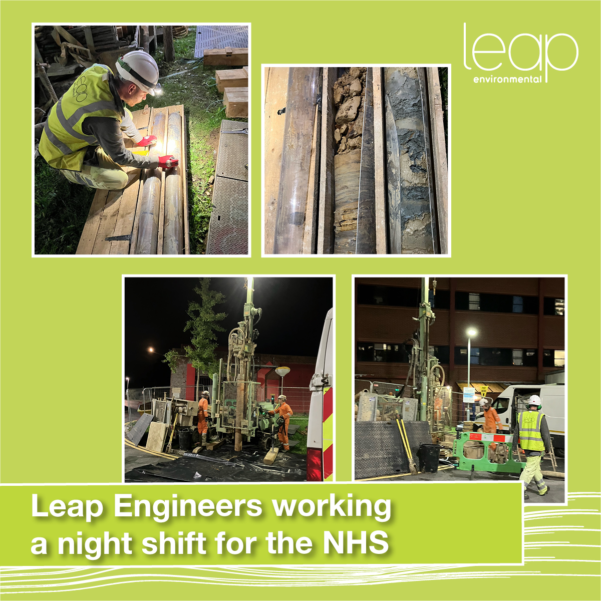 Leap Engineers working a night shift for the NHS, Leap providing ground investigation services for a proposed extension to the MRI unit at Princess Royal Hospital in Haywards Heath.  
#leapenvironmental
#siteinvestigation
#geology 
#workingfortheNHS 
#rotarydrilling
#nightworks