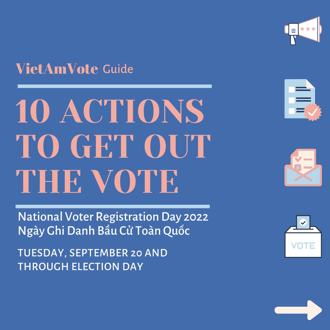 VietAmVote's tweet photo. 🗳️☑️ National Voter Registration Day: 10 actions you can take to encourage eligible voters to vote. Please share! 
---
🗳️☑️Ngày gày Ghi Danh Bầu Cử Toàn Quốc: 10 hành động bạn có thể thực hiện để khuyến khích cử tri đủ điều kiện bỏ phiếu tại đây. 
---
#vote2022 https://t.co/kfi5pmmR0y