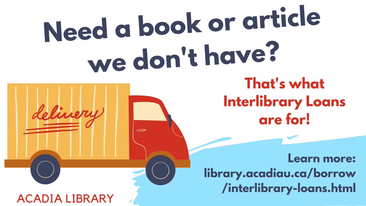 acadialibrary's tweet photo. Learn more about borrowing library materials from other libraries with our Interlibrary Loan service: https://t.co/L6S6GqSQFz #acadialibrary @AcadiaU https://t.co/vli0GIdaKw