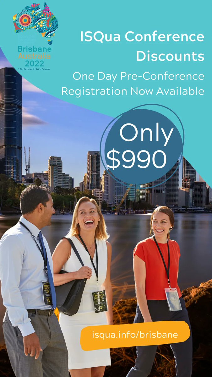 Are you joining us in #Brisbane for #ISQua2022 ?
We are excited to announce a One Day Pre-Conference Rate now available.

Register now and select ‘Pre-Conference Only’ from the dropdown menu of registration types.

isqua.info/brisbane

#visitbrisbane #thisisqueensland