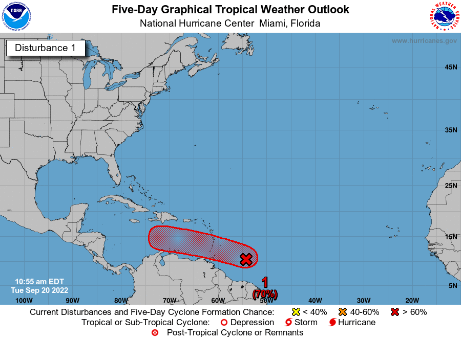 hurrtrackerapp's tweet photo. Breaking - The National Hurricane Center just issued a rare special tropical weather outlook and bumped the odds of #98L's development to 70%. High chance now. Watch this one closely. https://t.co/Zj1KCER2oA https://t.co/rDU44GNkTP