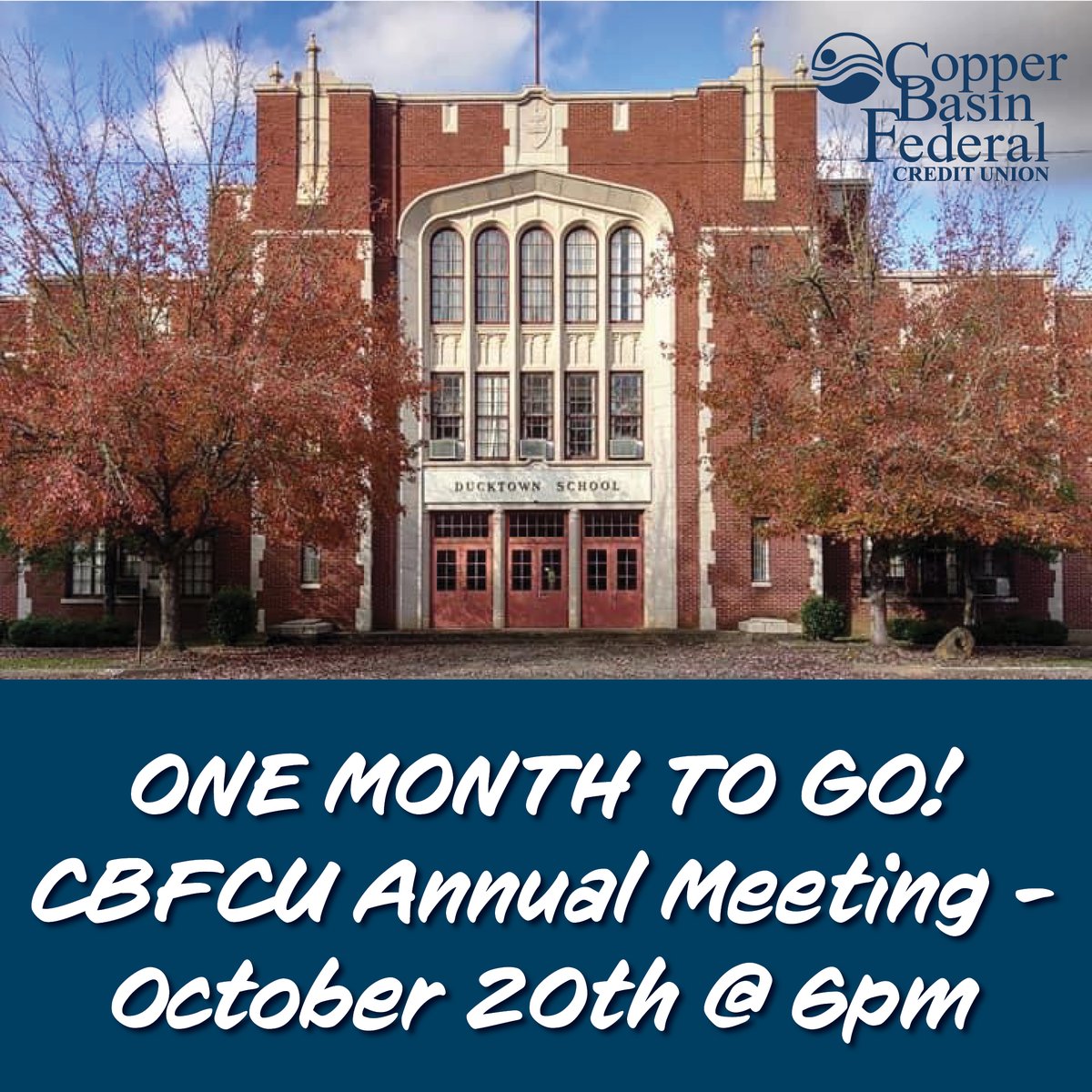 cbfcreditunion's tweet photo. Only one month left until our Annual Meeting!👏🗓️

Join us on October 20th @ 6pm for CBFCU's Annual meeting. It will be held at the Historic Ducktown Elementary School. Can't wait to see you all there! #annualmeeting https://t.co/5B0AoYmMZd