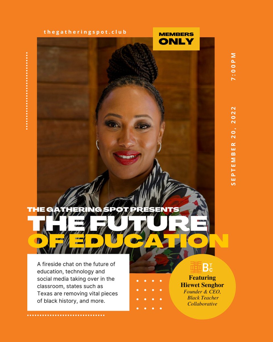 So excited for this fireside chat on the Future of Education and more hosted by <a href="/GatheringSpots/">The Gathering Spot</a>. Looking forward to The Gathering Spot members tuning in today at 7pm! #atl #blackteachers #blackeducators #teachertwitter