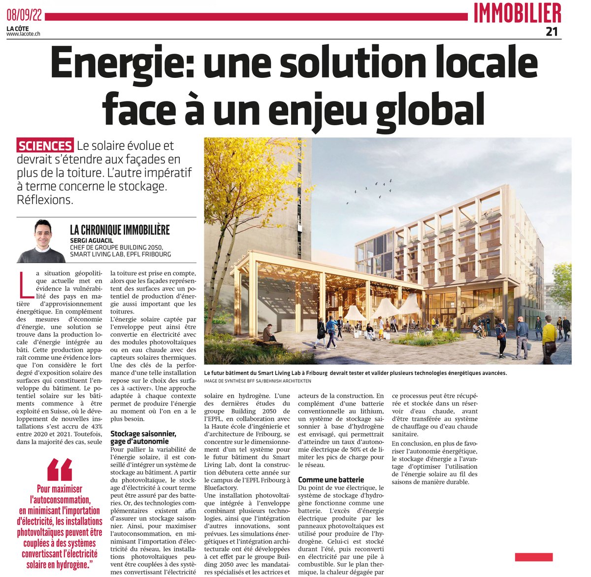 smartlivinglab's tweet photo. #ENERGIE | Sergi Aguacil défend le photovoltaïque intégré au bâtiment #BIPV combiné à un système de #stockage d'électricité à base d'hydrogène. Une solution, qui vise à minimiser l'importation d'électricité, testée dans le bâtiment du #SmartLivingLab. A lire dans @LaCoteJournal. https://t.co/dKMhTZ37sm