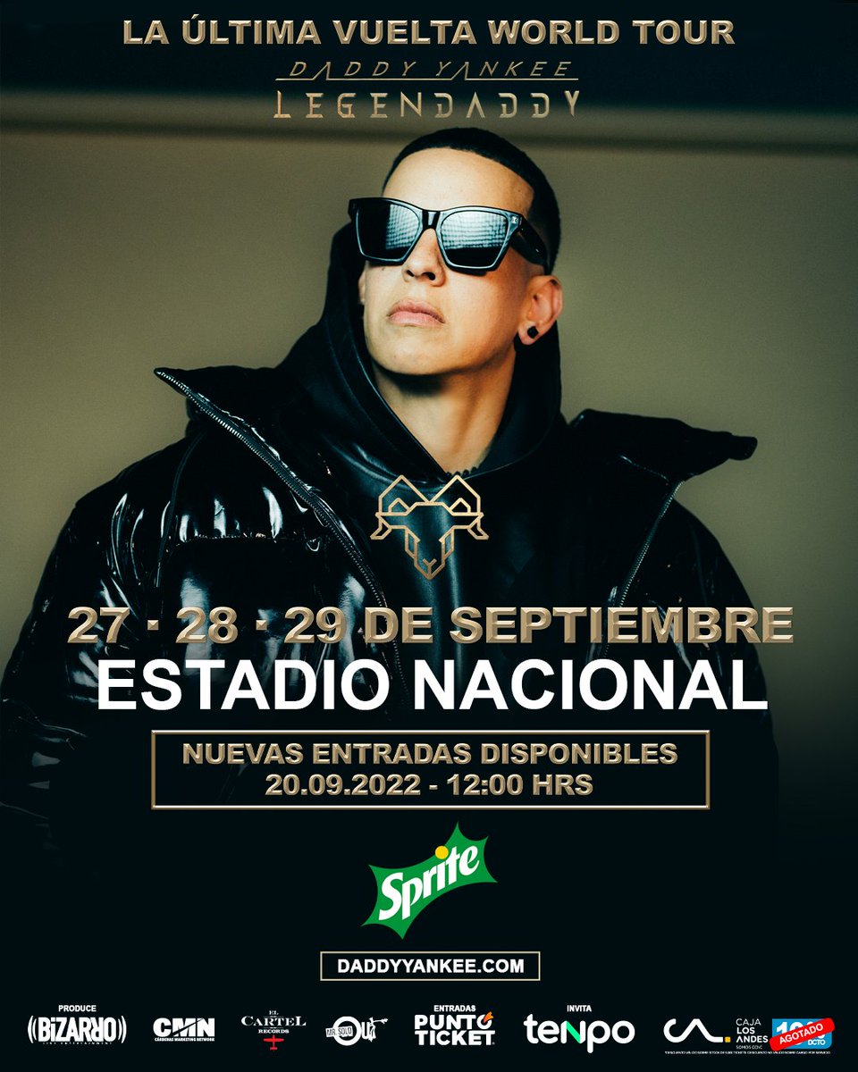 bizarrolivecl's tweet photo. Nuevas entradas disponibles para los conciertos de @daddy_yankee  en Chile. 

#laultimavueltaworldtour del Big Boss será histórica, Santiago se prepara para vivir tres noches llenas de emoción, clásicos y alegrías. 

ENTRADAS DISPONIBLES SOLO EN SISTEMAS PUNTOTICKET https://t.co/d4iYcMnva8