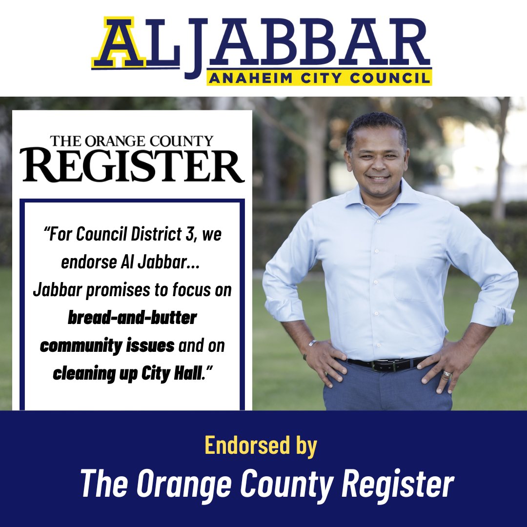 JoinAlJabbar's tweet photo. Our campaign has been endorsed by @ocregister! This is the choice in our race, Community vs Corporations. I’ll work every day to return the the focus back to community issues and holding big business accountable. https://t.co/UkqPROpHYb