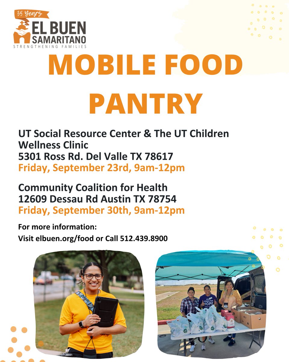 Our free mobile food pantry offers emergency food assistance with nutritious shelf-stable foods and fresh produce to families and individuals in Central Texas. 
Our next mobile pantry will Friday, September 23rd at the UT Social Resource Cente at 5301 Ross Rd, Del Valle 78617