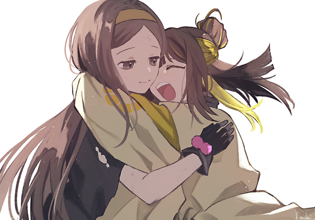 multiple girls 2girls brown hair gloves hug long hair smile  illustration images