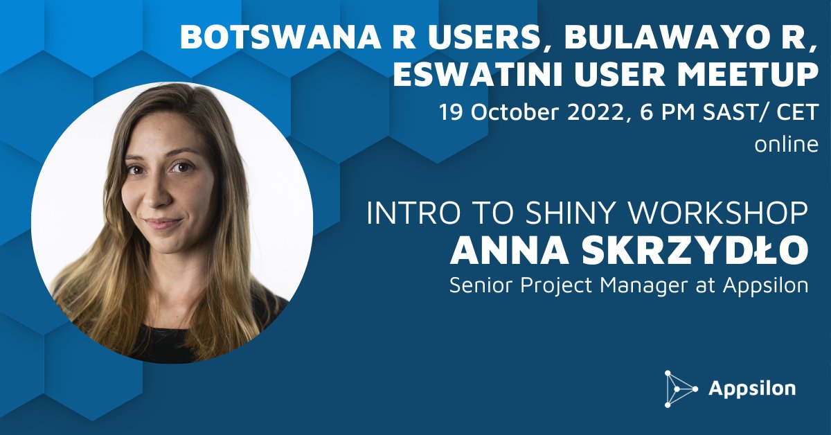 Appsilon (@appsilon) on Twitter photo "Introduction to #RShiny" workshop with Anna Skrzydło, #Appsilon Senior Project Manager, has been rescheduled to October 19th. The meetup is organized for <a href="/EswatiniUseR/">EswatiniUseR</a>, <a href="/botswana_r/">BotswanaR Users</a> & #BulawayoR. Join the event here: meetup.com/botswana-r-use… #Rstats <a href="/RConsortium/">R Consortium</a> #shiny #r #rstats "Introduction to #RShiny" workshop with Anna Skrzydło, #Appsilon Senior Project Manager, has been rescheduled to October 19th. The meetup is organized for <a href="/EswatiniUseR/">EswatiniUseR</a>, <a href="/botswana_r/">BotswanaR Users</a> & #BulawayoR. Join the event here: meetup.com/botswana-r-use… #Rstats <a href="/RConsortium/">R Consortium</a> #shiny #r #rstats